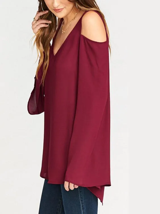 Wholesale Burgundy V-Neck Long Sleeve Plain Cut Out Irregular Hem Blouses