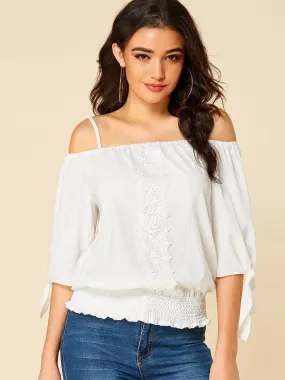 Wholesale Off The Shoulder Plain Spaghetti Strap Self-Tie Lace Insert Half Sleeve White Blouses