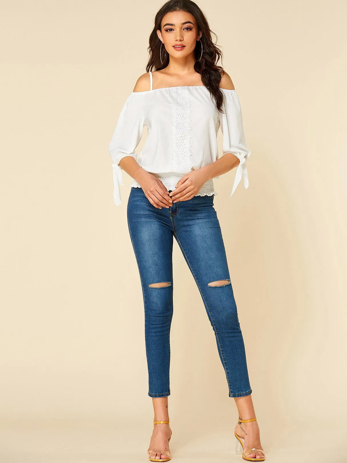 Wholesale Off The Shoulder Plain Spaghetti Strap Self-Tie Lace Insert Half Sleeve White Blouses