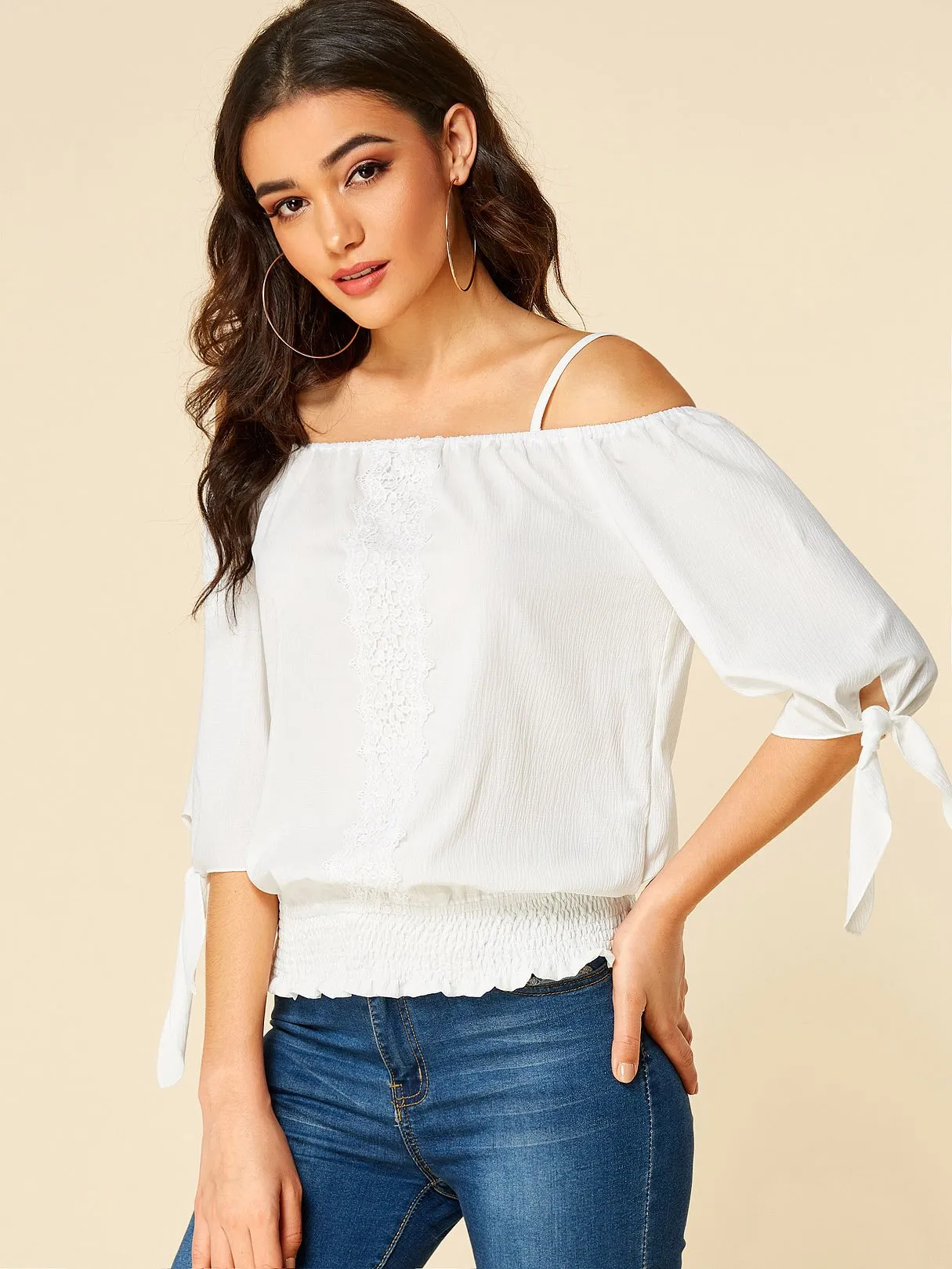 Wholesale Off The Shoulder Plain Spaghetti Strap Self-Tie Lace Insert Half Sleeve White Blouses