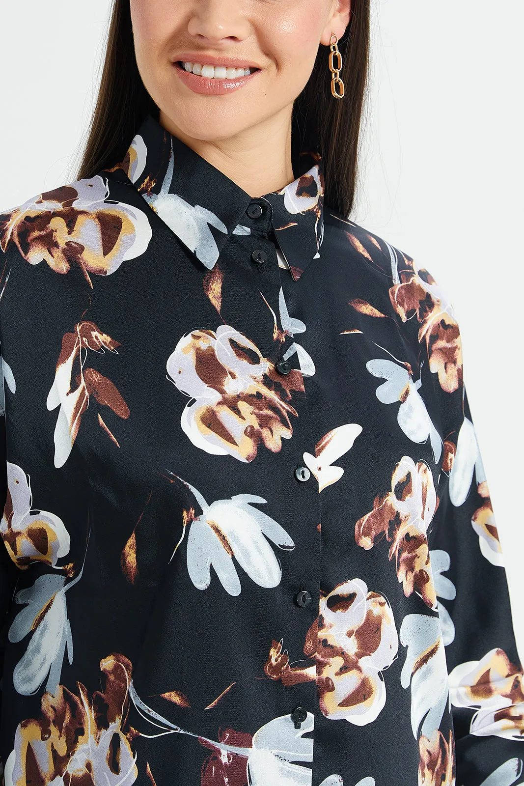 Women Black Floral Printed Satin Blouse