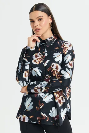 Women Black Floral Printed Satin Blouse