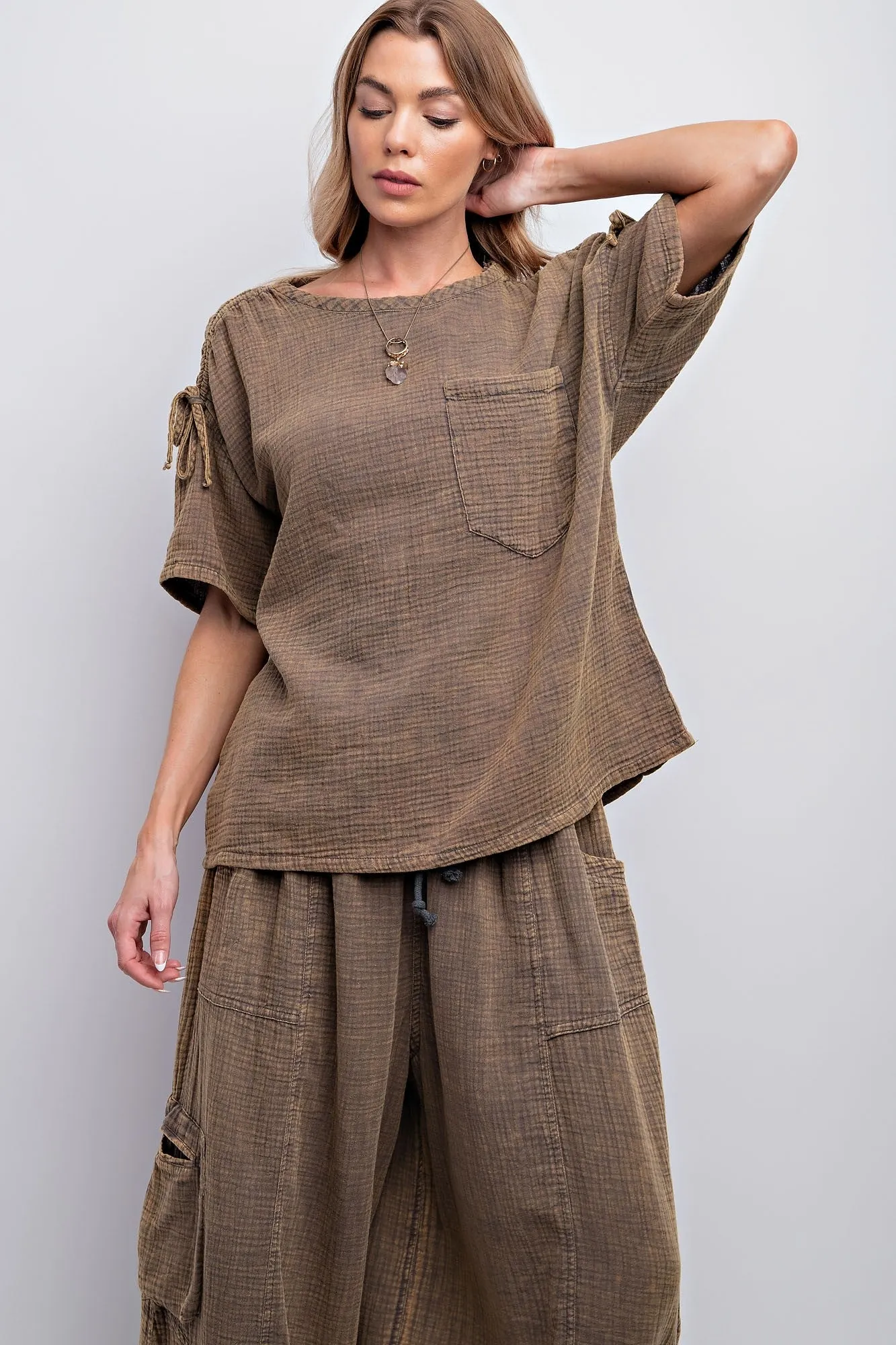 Wynonna Mineral Washed Cotton Gauze Top (ash olive)